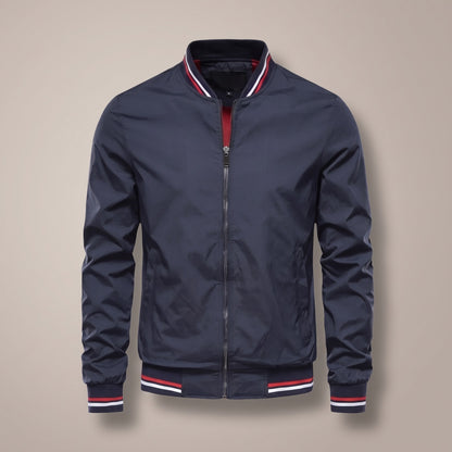 Navy bomber jacket with striped trim, front view