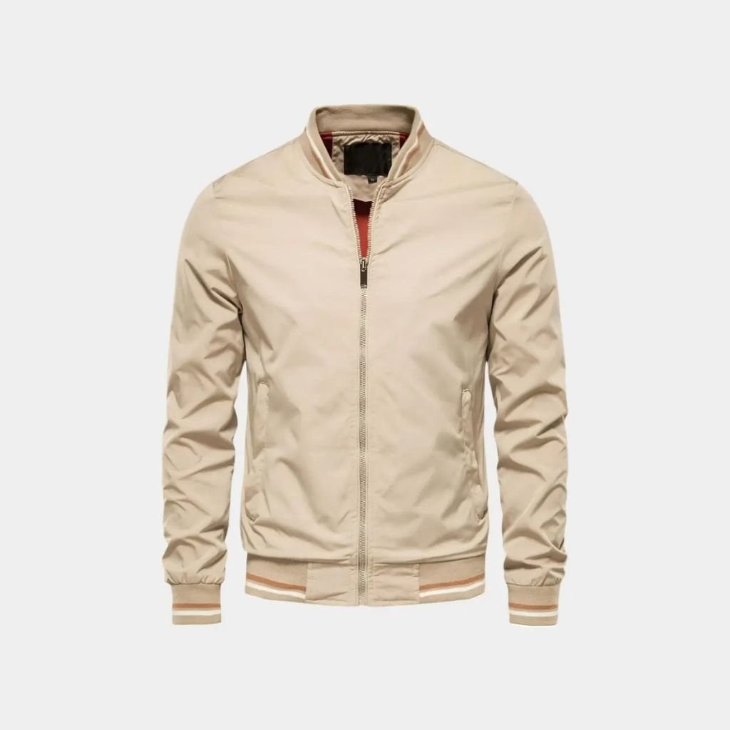 Khaki bomber jacket with striped trim, front view