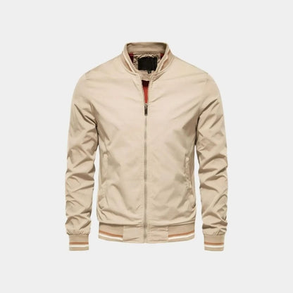 Khaki bomber jacket with striped trim, front view