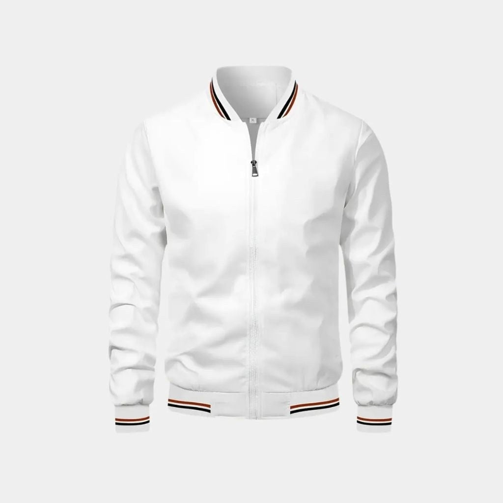 White bomber jacket with striped trim, front view
