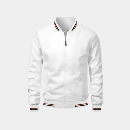 White bomber jacket with striped trim, front view