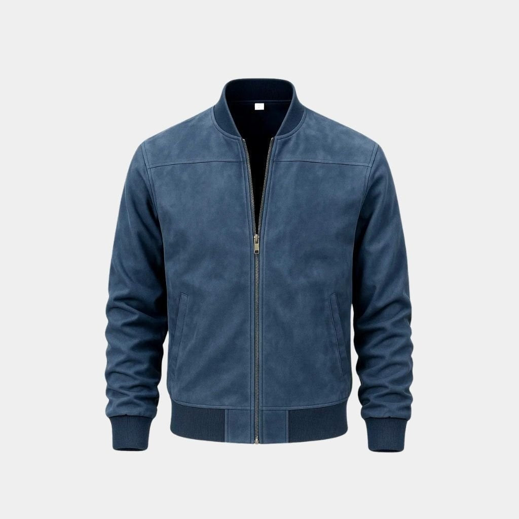 Blue zip bomber jacket with ribbed trim, front view