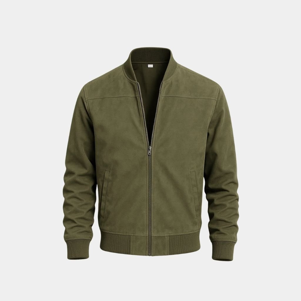 Green zip bomber jacket with ribbed trim, front view