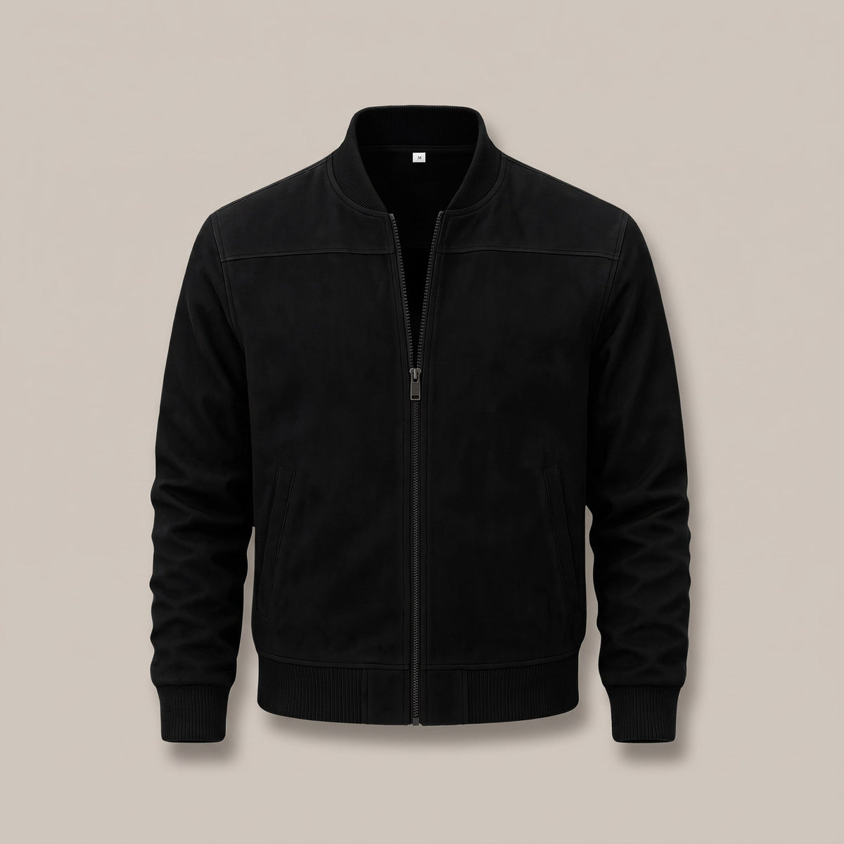 Black zip bomber jacket with ribbed trim, front view