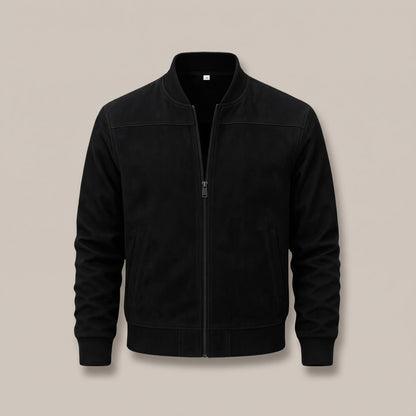 Black zip bomber jacket with ribbed trim, front view