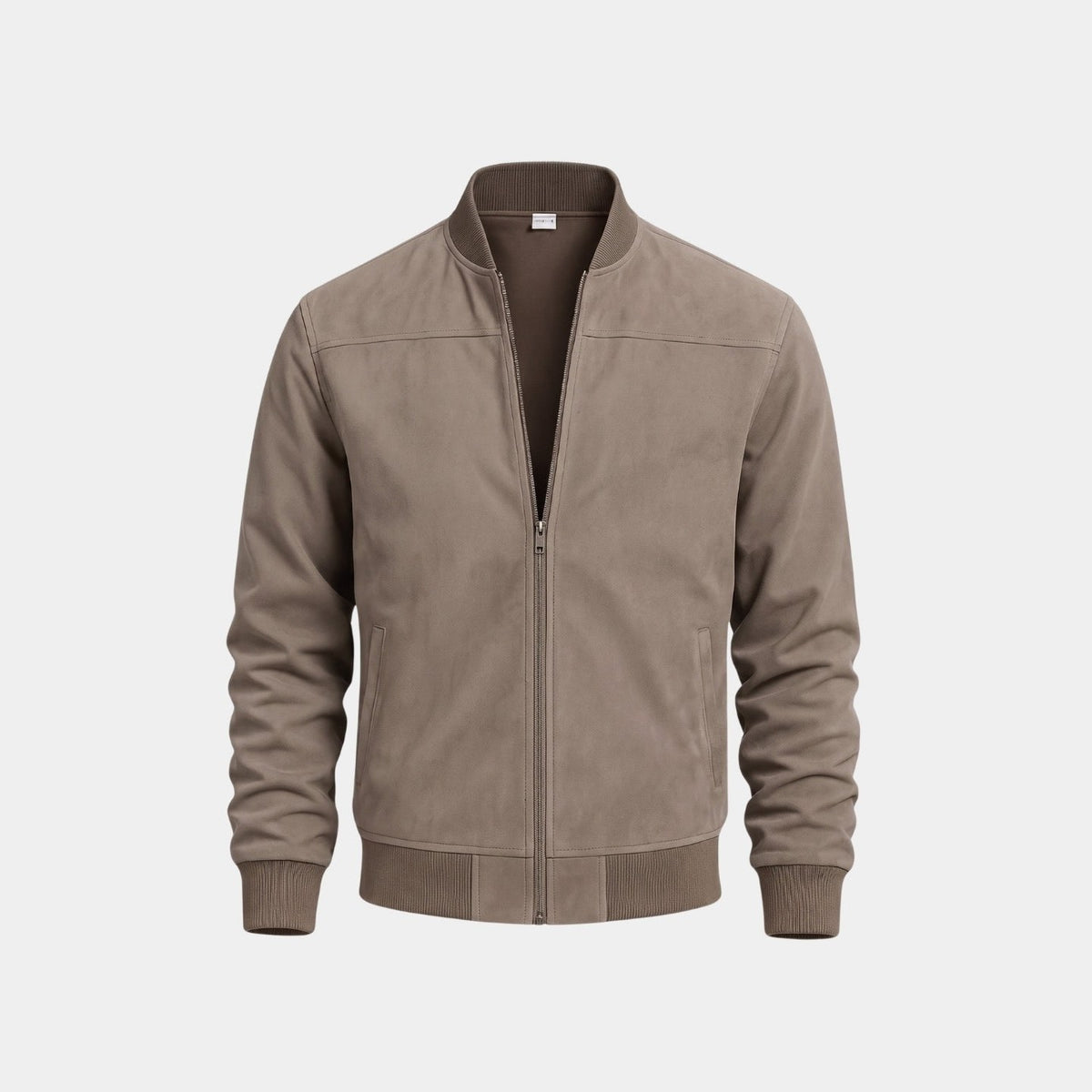 Khaki zip bomber jacket with ribbed trim, front view
