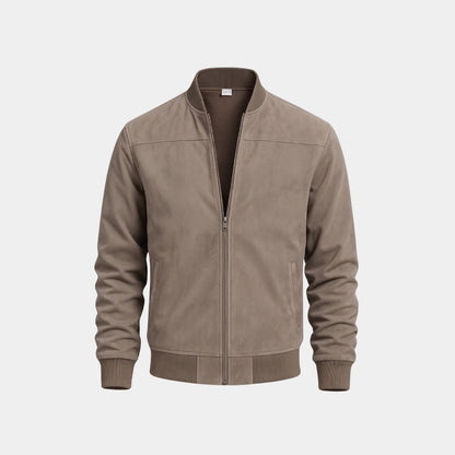 Khaki zip bomber jacket with ribbed trim, front view