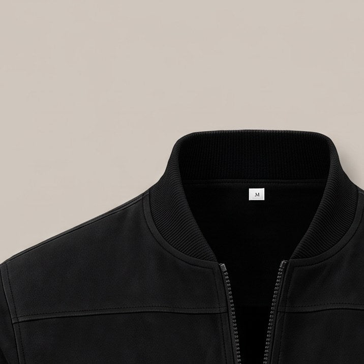 Close view of the ribbed collar on the zip bomber jacket