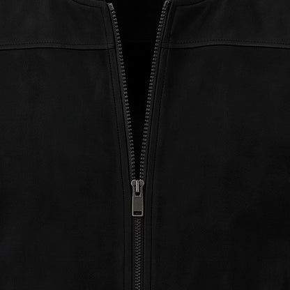 Close view of the centre zip on the zip bomber jacket