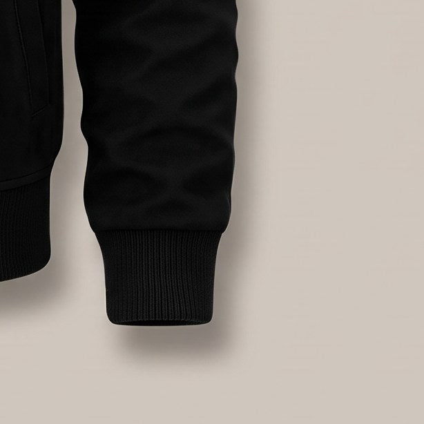 Close view of the ribbed cuff on the zip bomber jacket