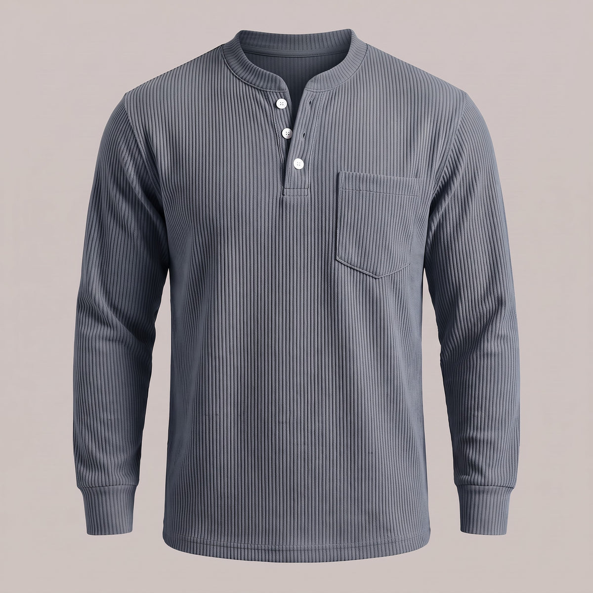 Dark blue ribbed waffle-knit long sleeve henley, front view