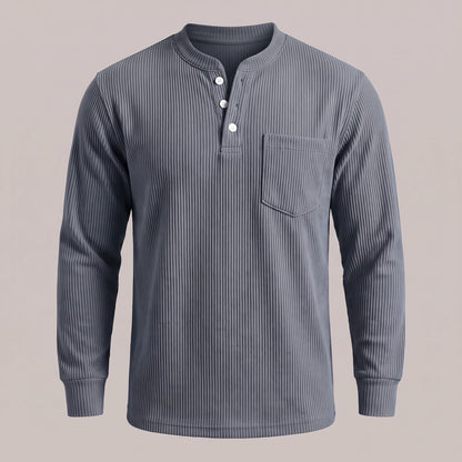Dark blue ribbed waffle-knit long sleeve henley, front view