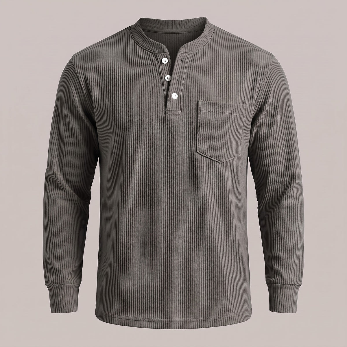 Dark gray ribbed waffle-knit long sleeve henley, front view