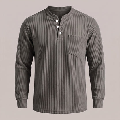 Dark gray ribbed waffle-knit long sleeve henley, front view