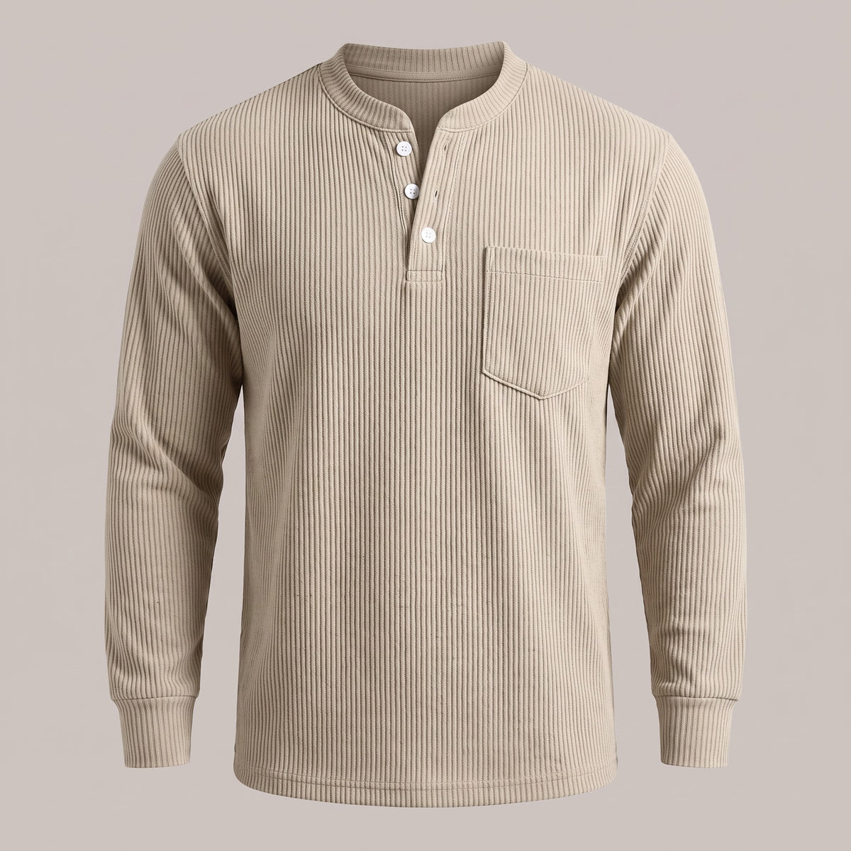 Khaki ribbed waffle-knit long sleeve henley with chest pocket, front view