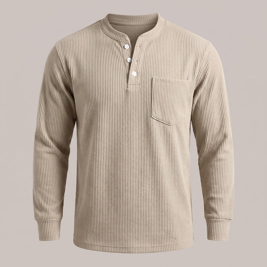 Khaki ribbed waffle-knit long sleeve henley with chest pocket, front view