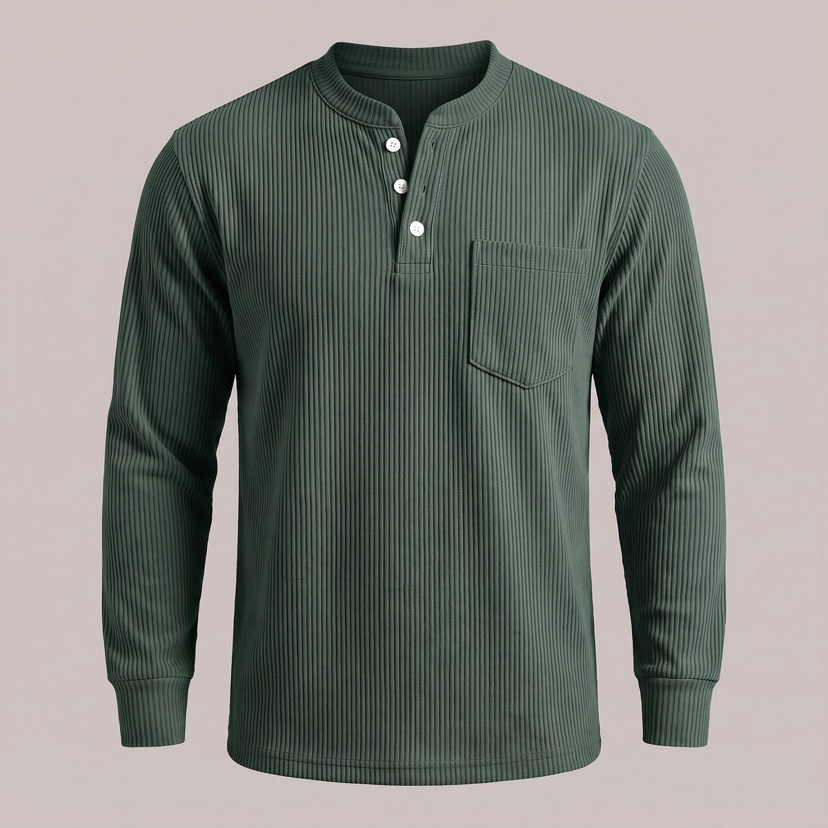 Ink green ribbed waffle-knit long sleeve henley, front view