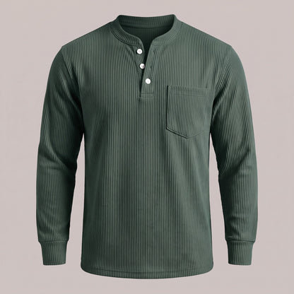 Ink green ribbed waffle-knit long sleeve henley, front view