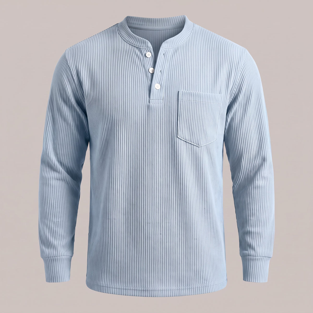 Light blue ribbed waffle-knit long sleeve henley, front view