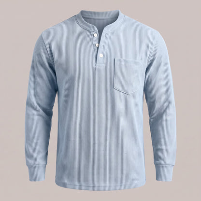 Light blue ribbed waffle-knit long sleeve henley, front view