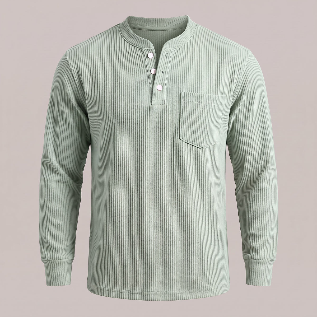 Light green ribbed waffle-knit long sleeve henley, front view