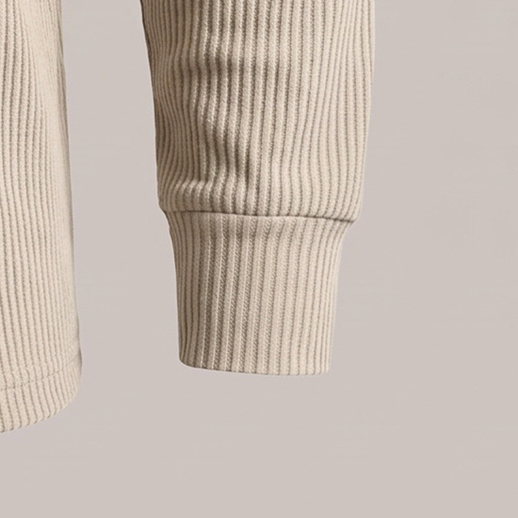 Close view of the ribbed cuff on the henley