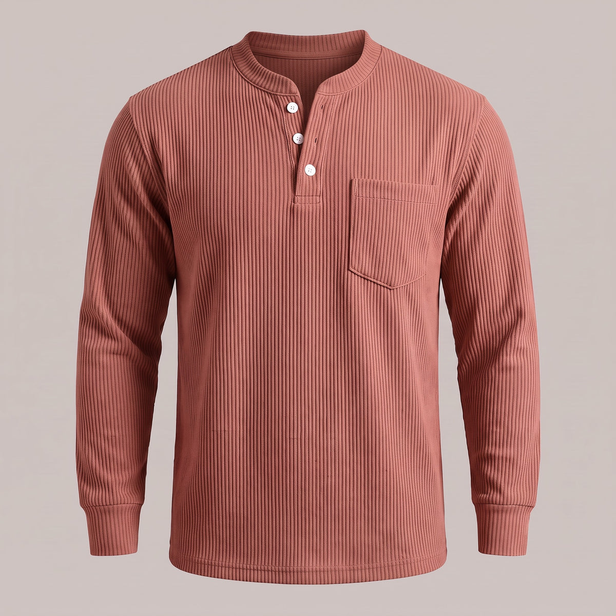 Red ribbed waffle-knit long sleeve henley, front view