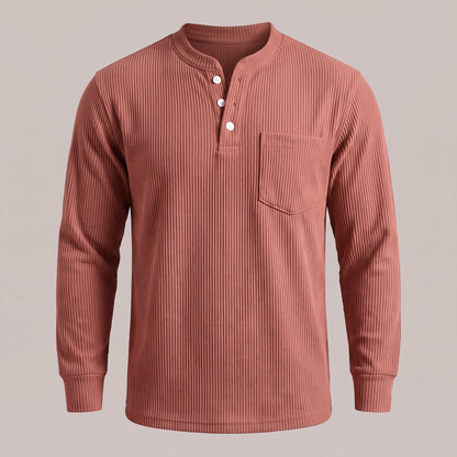 Red ribbed waffle-knit long sleeve henley, front view
