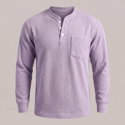 Violet ribbed waffle-knit long sleeve henley, front view