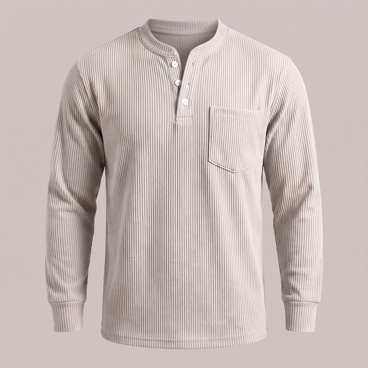 White ribbed waffle-knit long sleeve henley, front view