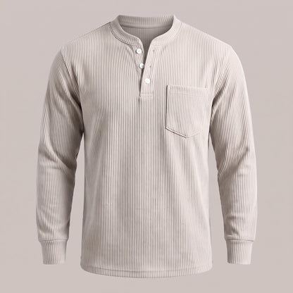 White ribbed waffle-knit long sleeve henley, front view