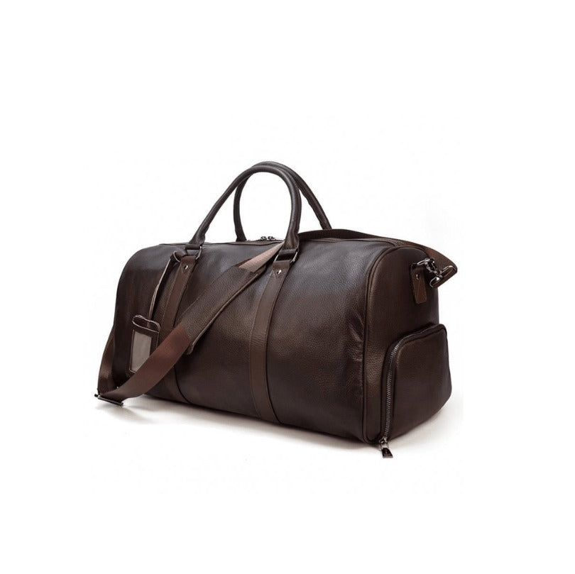 Brown weekender duffle bag with shoulder strap, three-quarter view