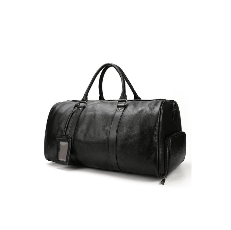 Black weekender duffle bag, three-quarter view