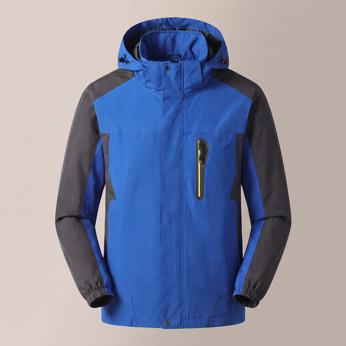 Blue hooded zip outdoor jacket with dark sleeve panels, front view