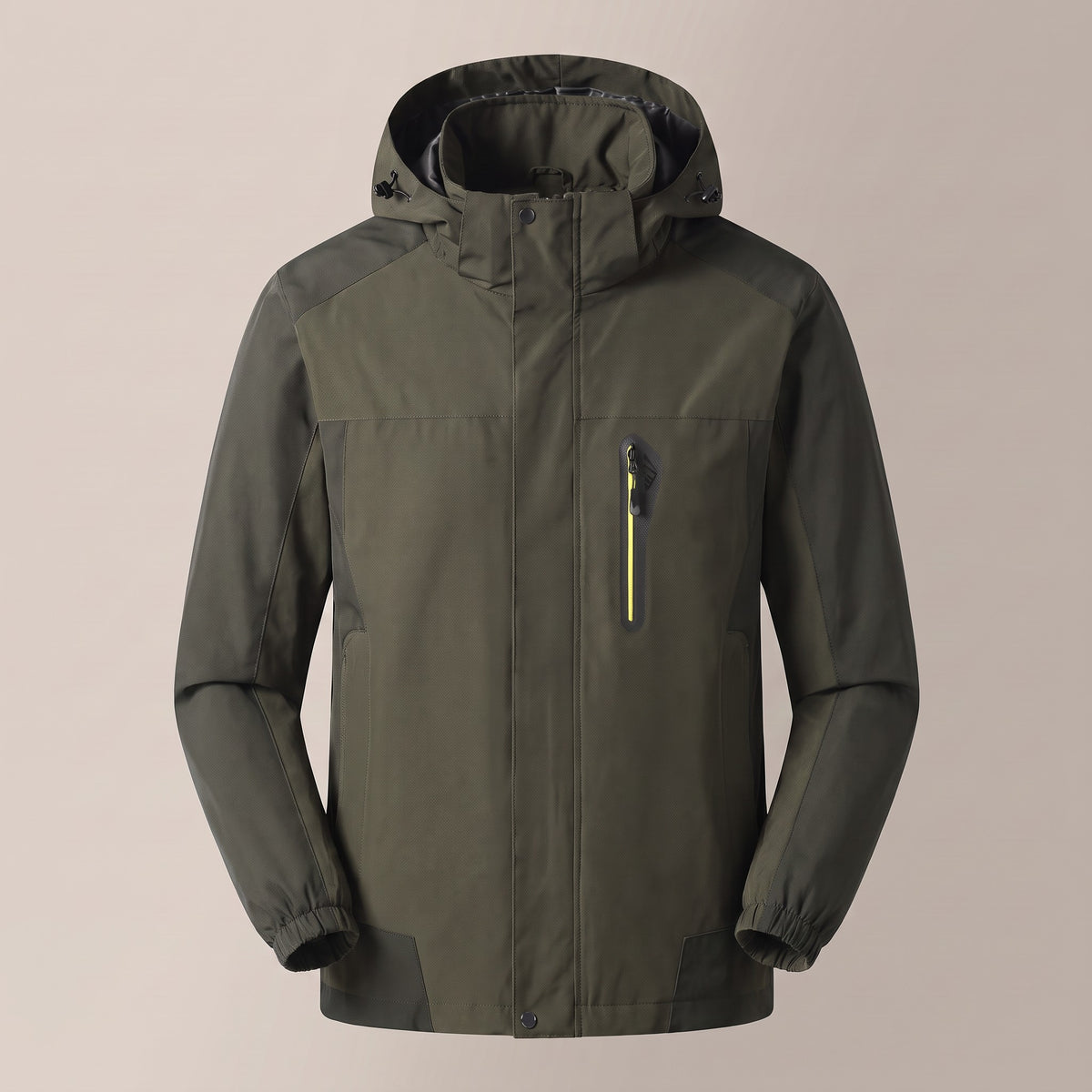 Army green hooded zip outdoor jacket, front view