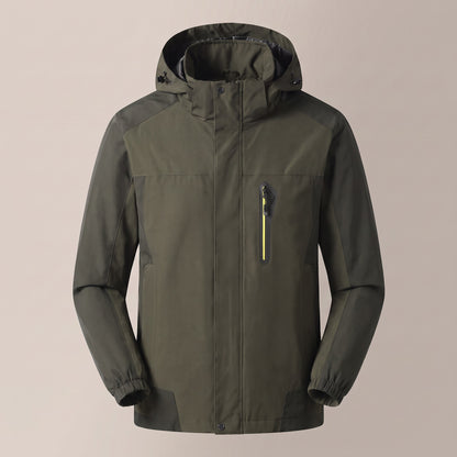 Army green hooded zip outdoor jacket, front view