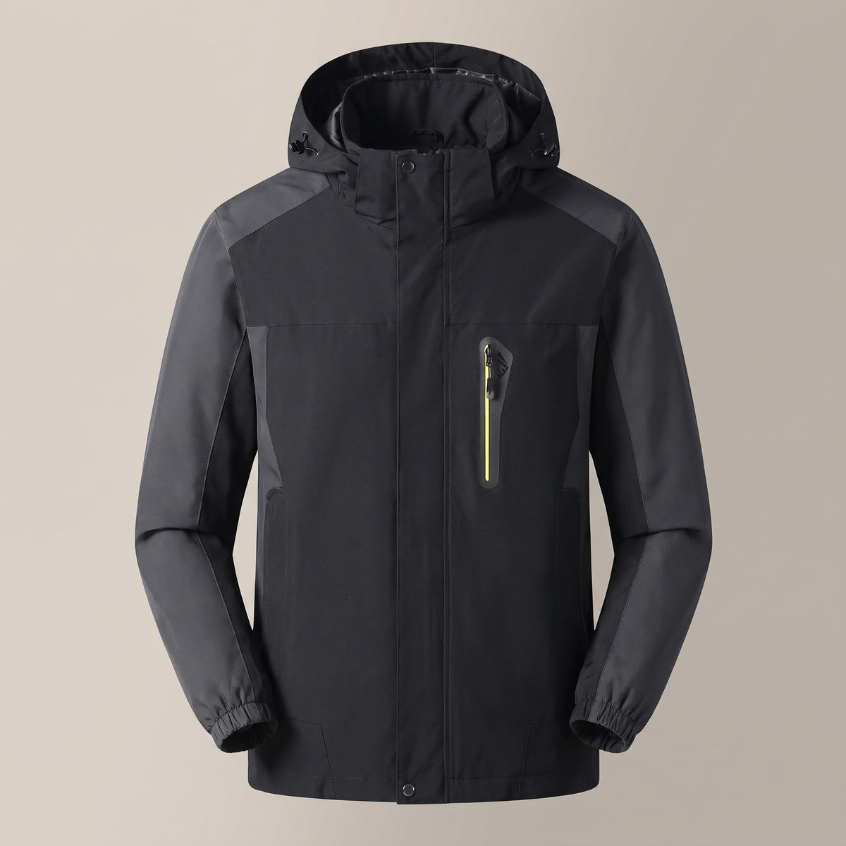Black hooded zip outdoor jacket with grey panels, front view