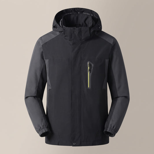 Black hooded zip outdoor jacket with grey panels, front view