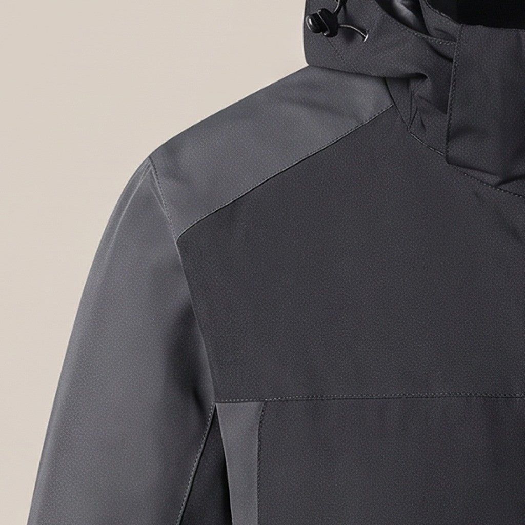 Close view of the shoulder and sleeve panel on the outdoor jacket