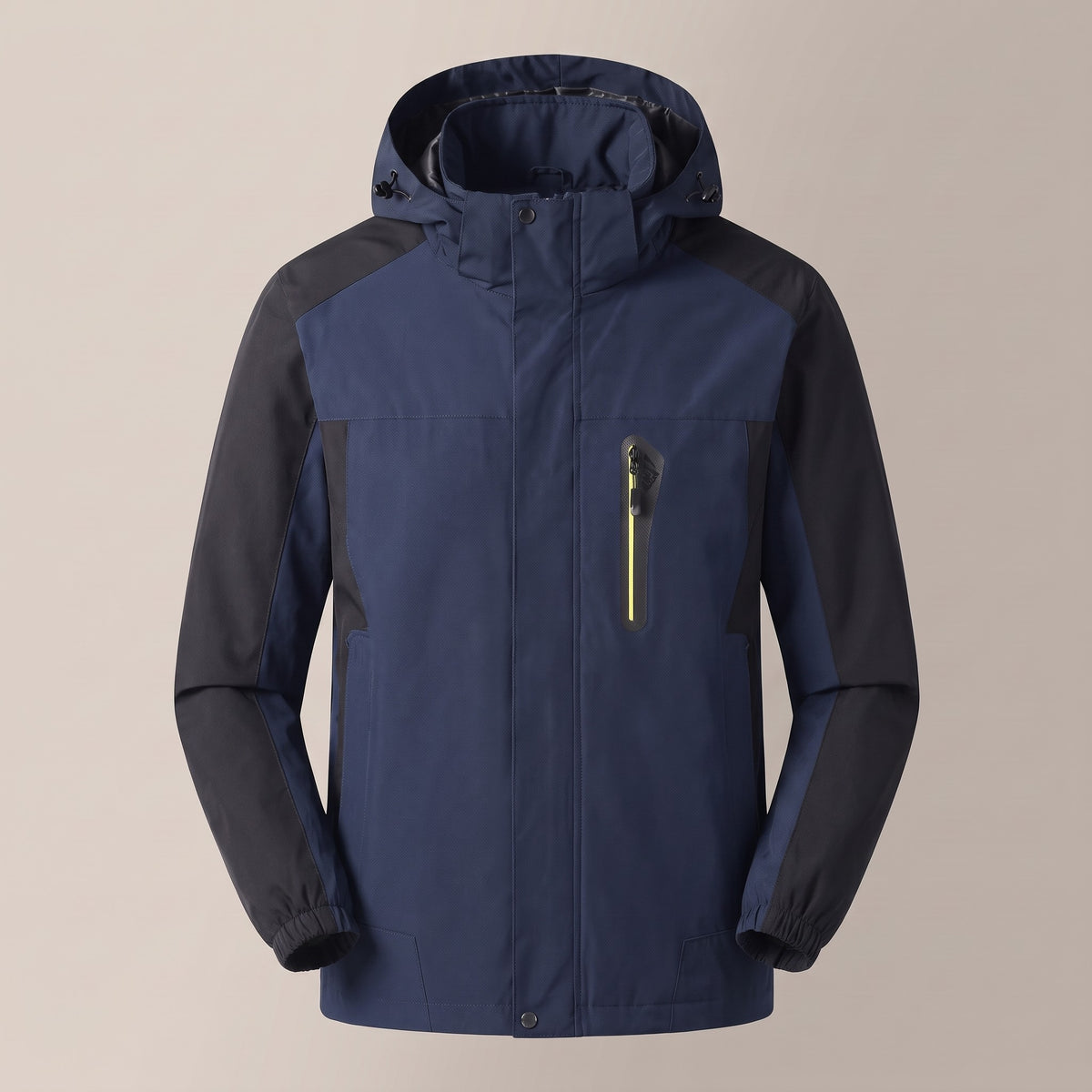 Dark blue hooded zip outdoor jacket, front view