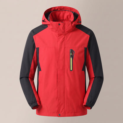 Red hooded zip outdoor jacket with black sleeve panels, front view