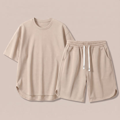 Beige t-shirt and drawstring shorts lounge set, front view