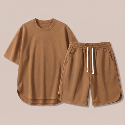 Brown t-shirt and drawstring shorts lounge set, front view
