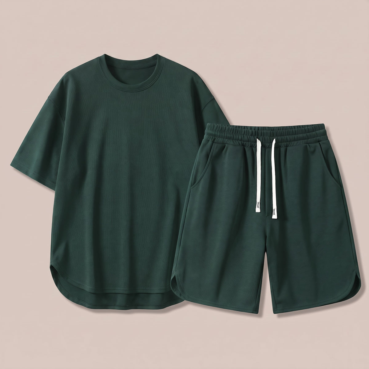 Green t-shirt and drawstring shorts lounge set, front view