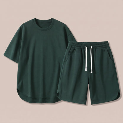 Green t-shirt and drawstring shorts lounge set, front view