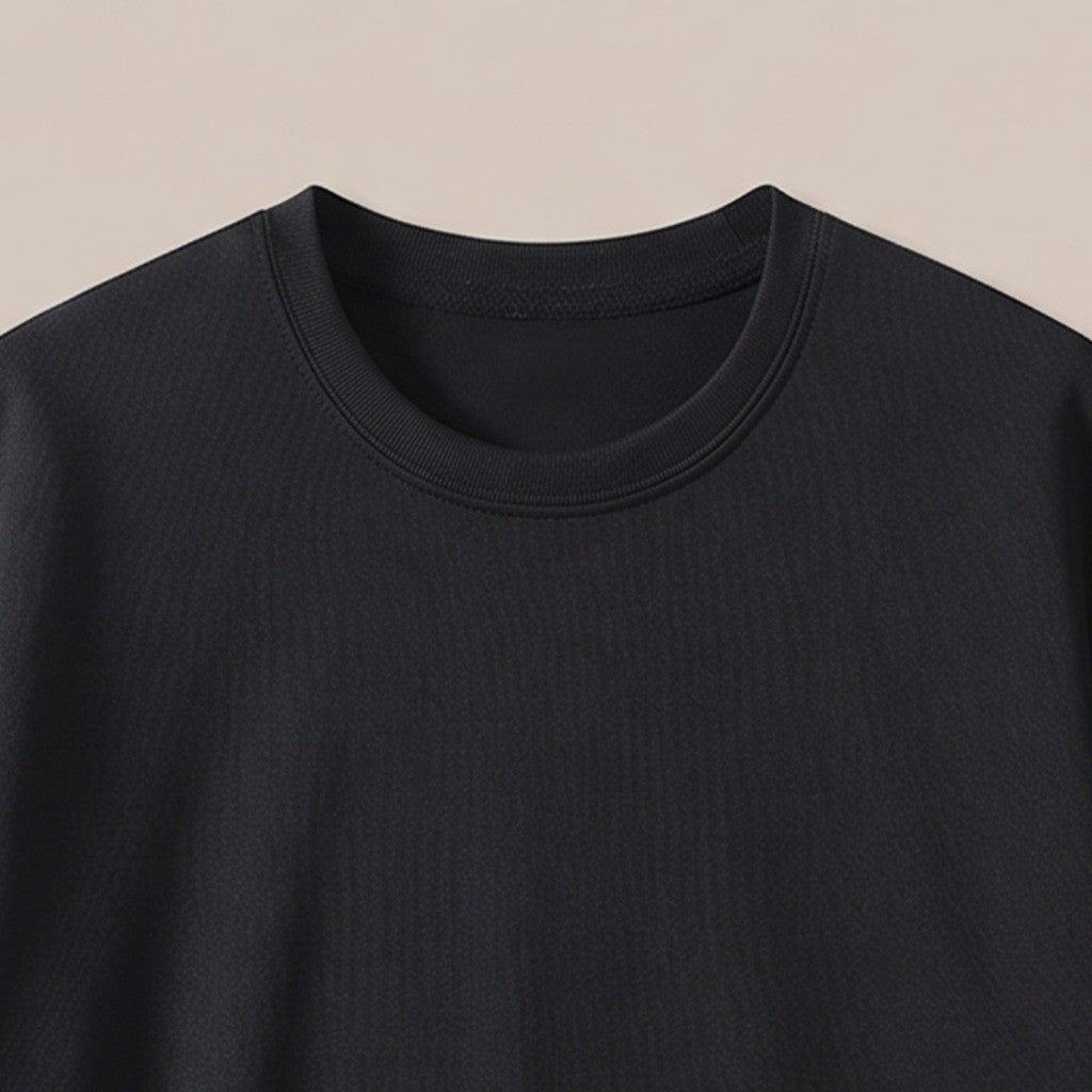 Close view of the crew neckline on the lounge set t-shirt