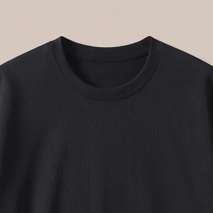 Close view of the crew neckline on the lounge set t-shirt