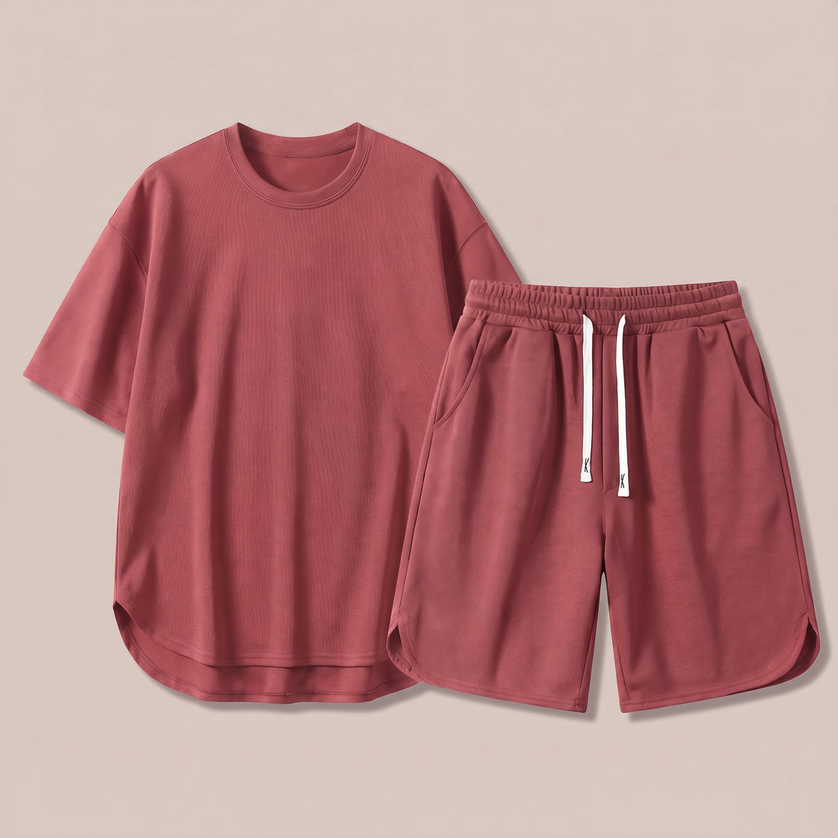 Red t-shirt and drawstring shorts lounge set, front view