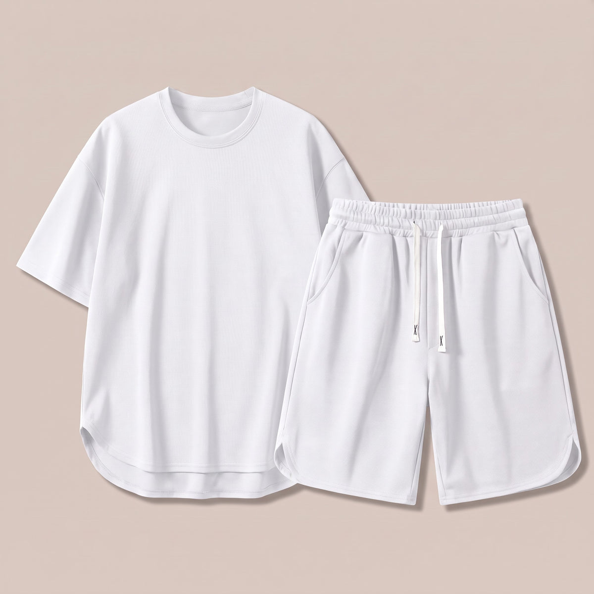 White t-shirt and drawstring shorts lounge set, front view