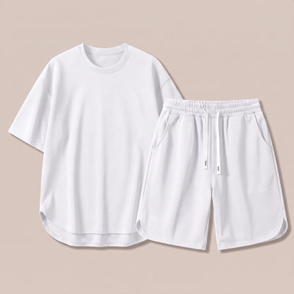 White t-shirt and drawstring shorts lounge set, front view